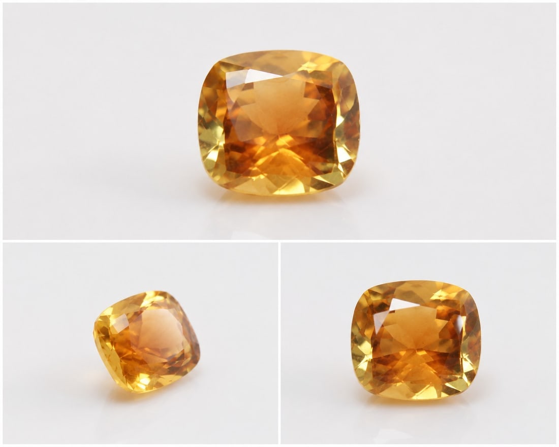 Natural Citrine Cushion Cut 7.48ct 13x13mm: Title: Natural Citrine Cushion Cut 7.48ct 13x13mm Description: Natural Citrine gemstone with a cushion cut and golden yellow colour. 7.48 carats. Approximately 13x13mm. Suitable for a ring, pendant