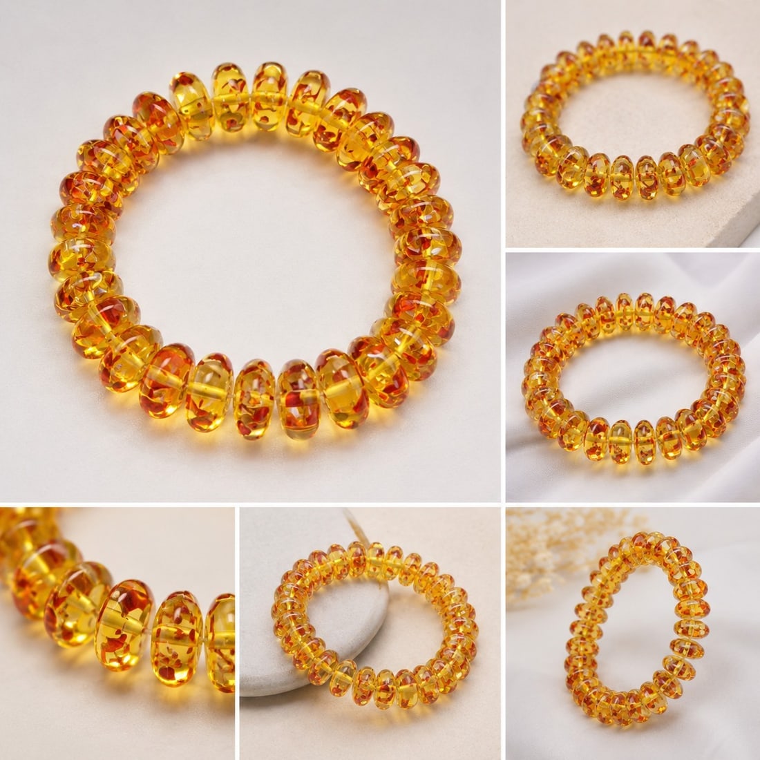 Golden Amber-Colour Beaded Stretch Bracelet: Title: Golden Amber-Colour Beaded Stretch Bracelet Description: Attractive stretch bracelet featuring translucent golden amber-colour beads with decorative reddish-orange inclusions. The polished