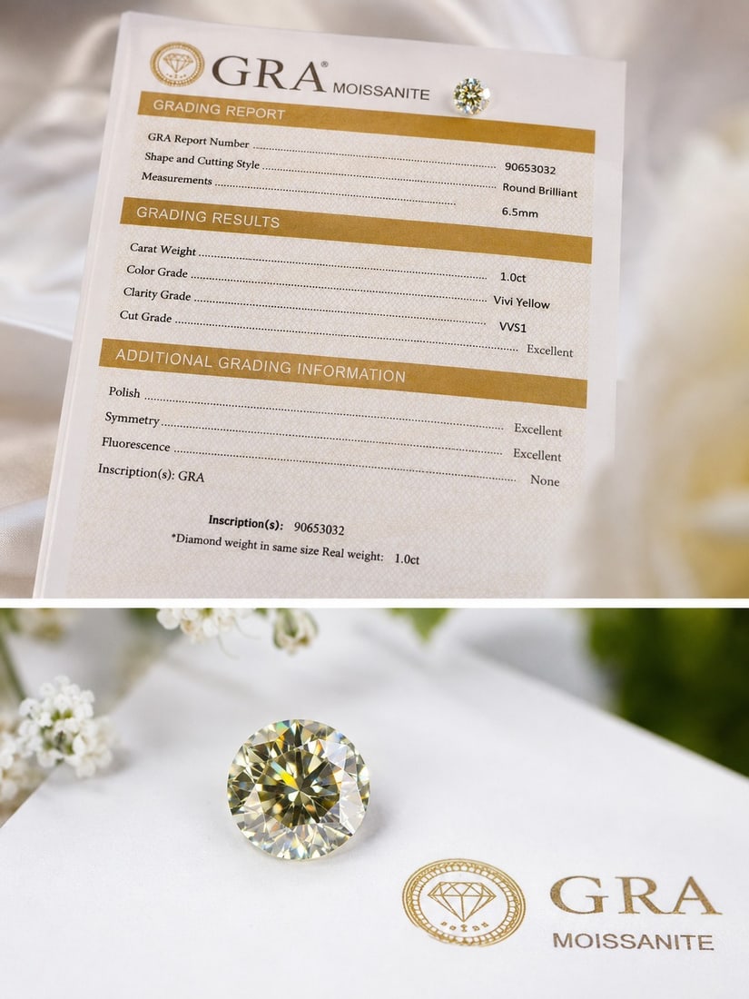 1.00ct Vivid Yellow Moissanite – Round Brilliant – GRA Certificate: Title: 1.00ct Vivid Yellow Moissanite – Round Brilliant – GRA Certificate Description: Beautiful round brilliant cut vivid yellow moissanite, weighing 1.00 carat and measuring 6.5mm. VVS1