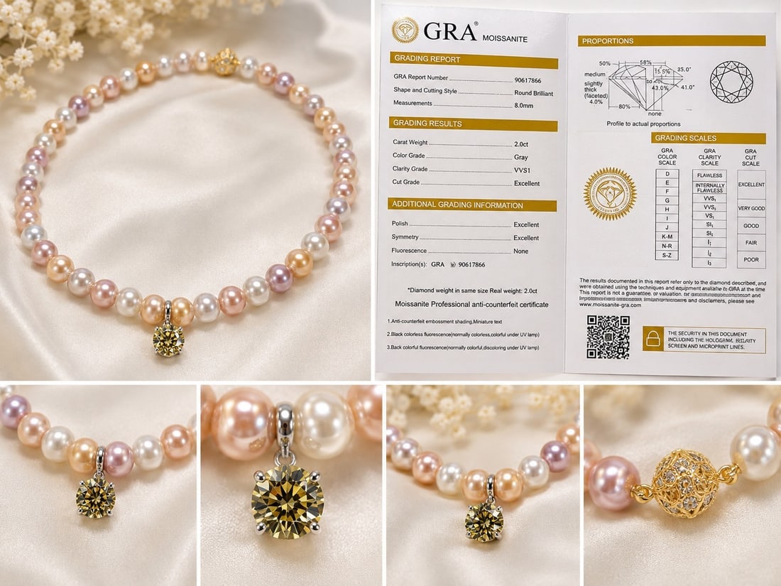 Pastel Pearl Necklace 8mm with 2.00ct Grey Moissanite – GRA Certificate: Title: Pastel Pearl Necklace 8mm with 2.00ct Grey Moissanite – GRA Certificate Description: Elegant necklace made with beautiful 8mm pastel-coloured pearls, featuring a 2.00ct round brilliant