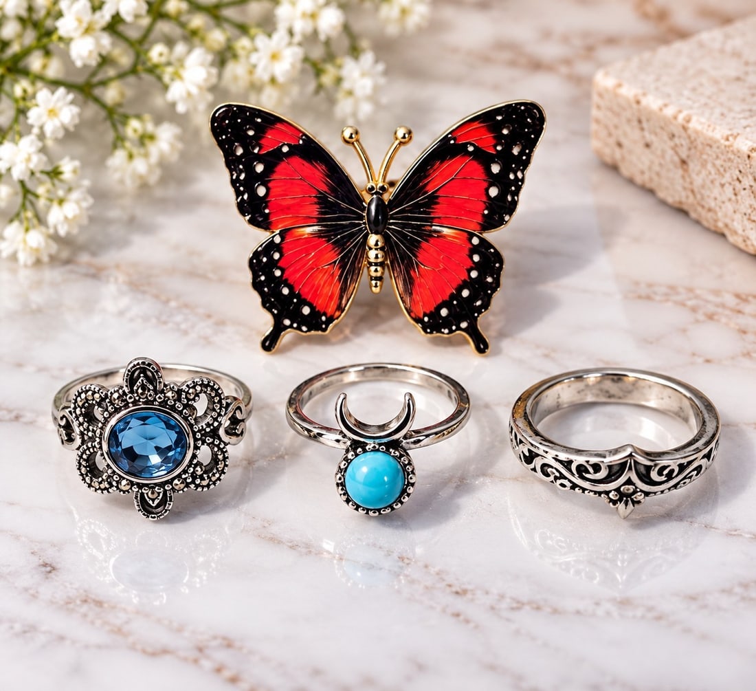 Butterfly Brooch & Three Silver-Tone Rings Jewellery Set: Title: Butterfly Brooch & Three Silver-Tone Rings Jewellery Set Description: A decorative jewellery collection comprising a striking red and black butterfly brooch together with three silver-tone