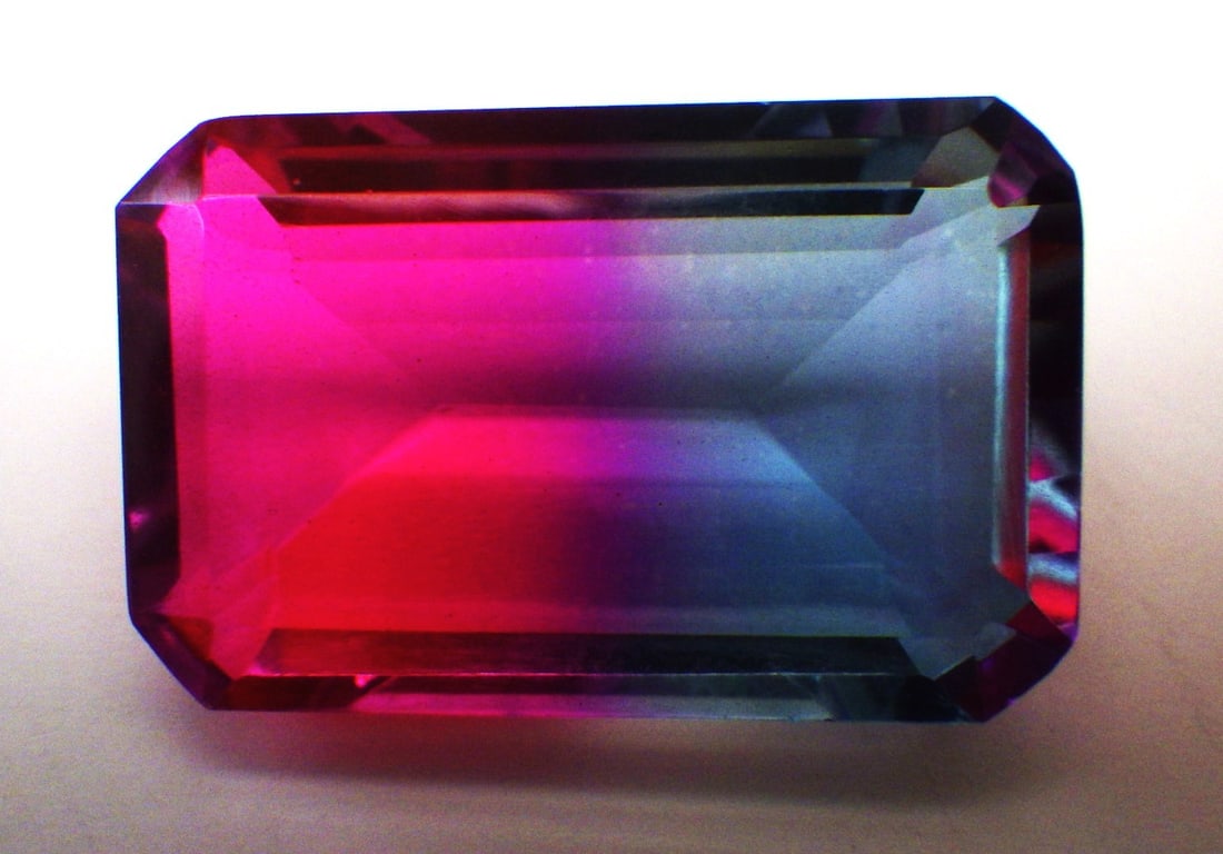 Emerald Cut ""Watermelon"" Tourmaline 45 Carats: Title: Emerald Cut "Watermelon" Tourmaline 45 Carats Description: A very interesting emerald cut simulated (man made) tourmaline, variety "Watermelon". Dimensions: 29 x 18 x 10 mm, weight: 45