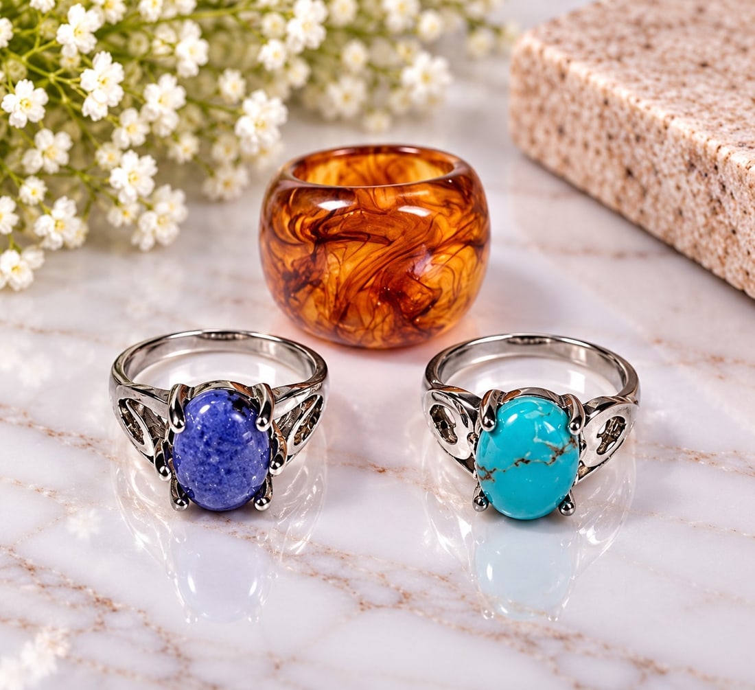 Set of Three Rings with Blue, Turquoise & Amber-Tone Stones (1 of 1)
