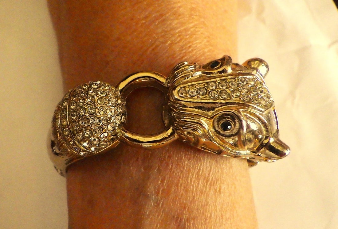Title: Vintage, Glamorous Panther Bangle With Cubic Zirconia Description: A vintage, gold plated, - 5