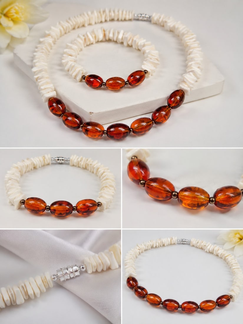 White Shell & Amber-Coloured Bead Necklace and Bracelet Set: Title: White Shell & Amber-Coloured Bead Necklace and Bracelet Set Description: Attractive matching necklace and bracelet set featuring irregular white shell beads accented with translucent
