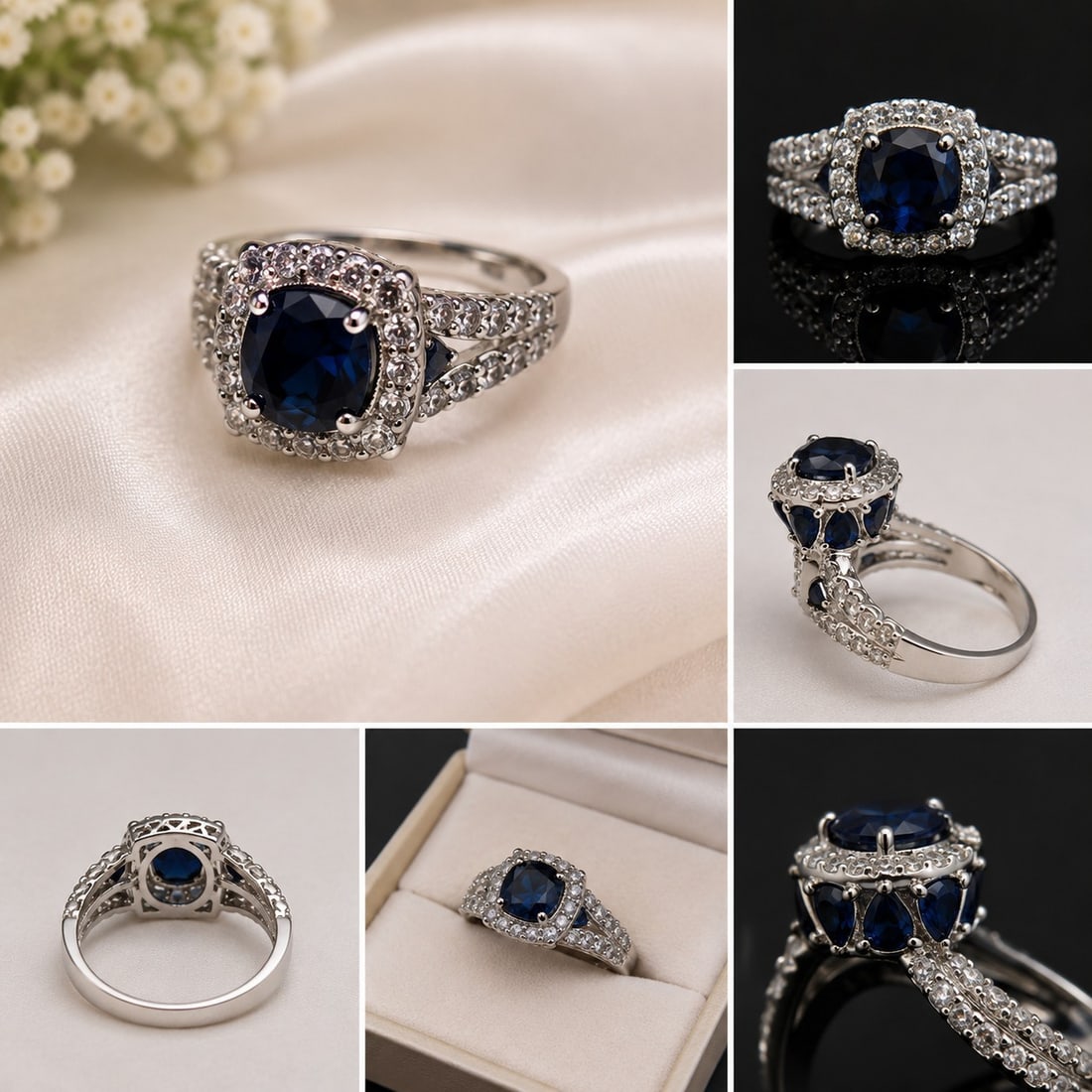 Blue Gemstone Halo Statement Ring - Size 18: Title: Blue Gemstone Halo Statement Ring - Size 18 Description: Elegant silver-tone statement ring featuring a deep blue faceted centre stone surrounded by sparkling clear stones. The detailed