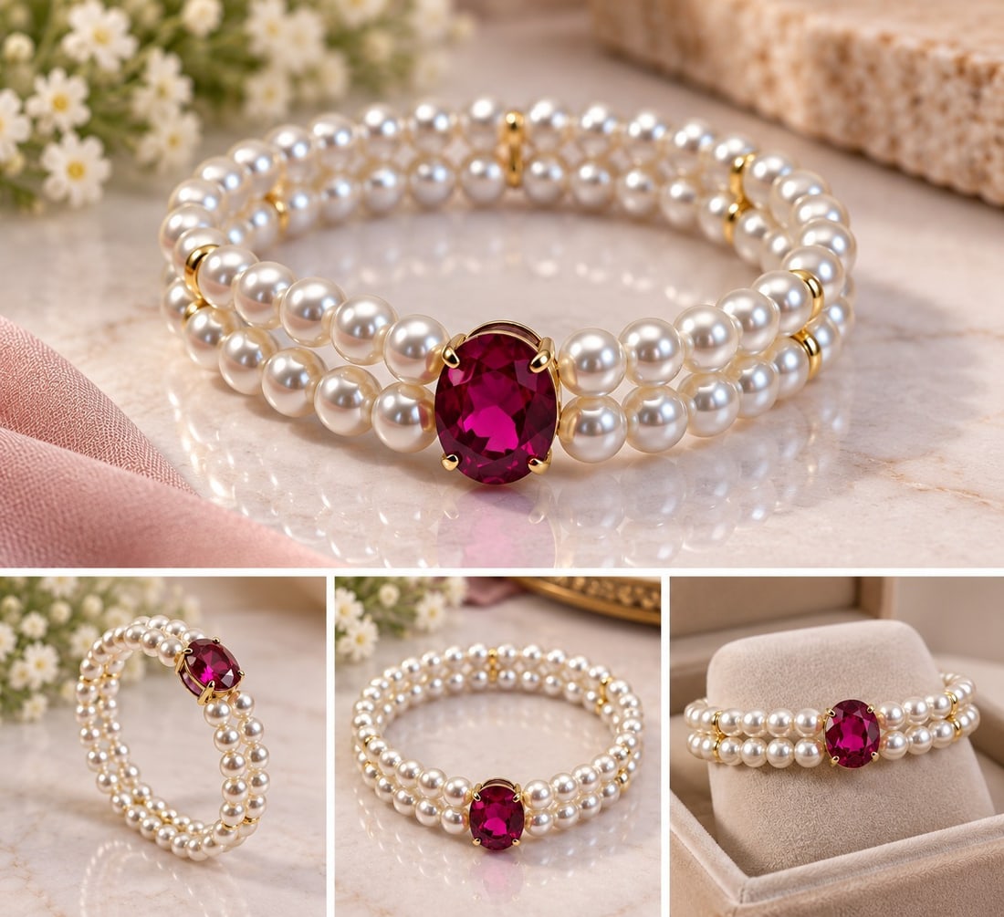 Double Strand Pearl Bracelet with Red Gemstone: Title: Double Strand Pearl Bracelet with Red Gemstone Description: Elegant double-strand bracelet featuring lustrous white pearl beads with gold-tone accents and a large faceted deep red centre