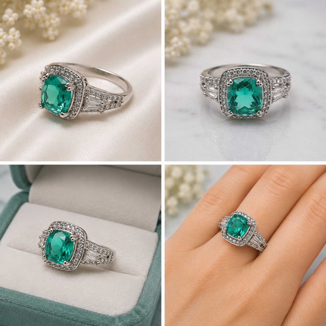 Green Cushion-Cut Stone Halo Silver-Tone Ring: Title: Green Cushion-Cut Stone Halo Silver-Tone Ring Description: Elegant silver-tone ring featuring a vivid green cushion-cut faceted centre stone surrounded by a sparkling halo of clear stones.