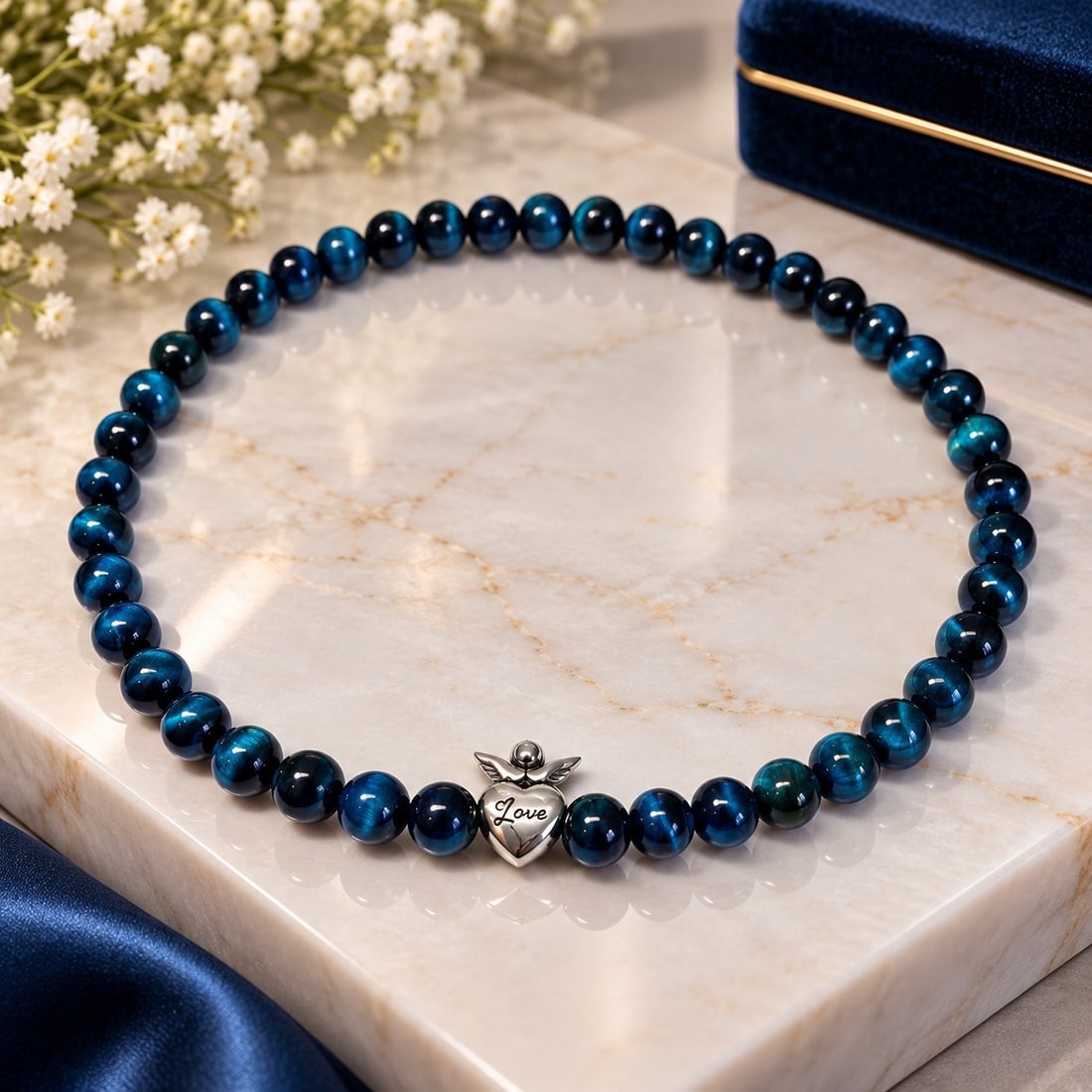 Blue Tiger Eye Beaded Necklace with Silver Tone Love Heart Charm: Title: Blue Tiger Eye Beaded Necklace with Silver Tone Love Heart Charm Description: Elegant necklace featuring polished blue tiger eye style round beads with beautiful deep blue tones and