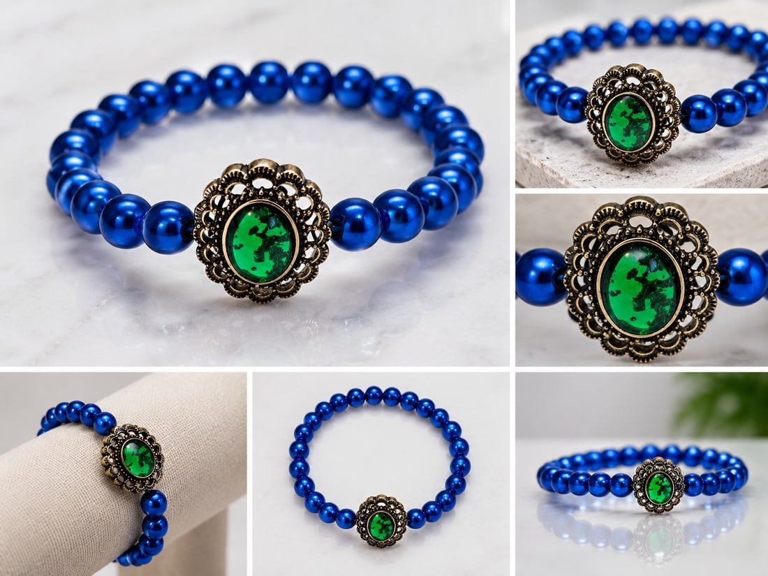 Blue Beaded Bracelet with Green Oval Centrepiece: Title: Blue Beaded Bracelet with Green Oval Centrepiece Description: Attractive elastic bracelet featuring glossy blue beads and an ornate vintage-style centrepiece set with a striking green oval