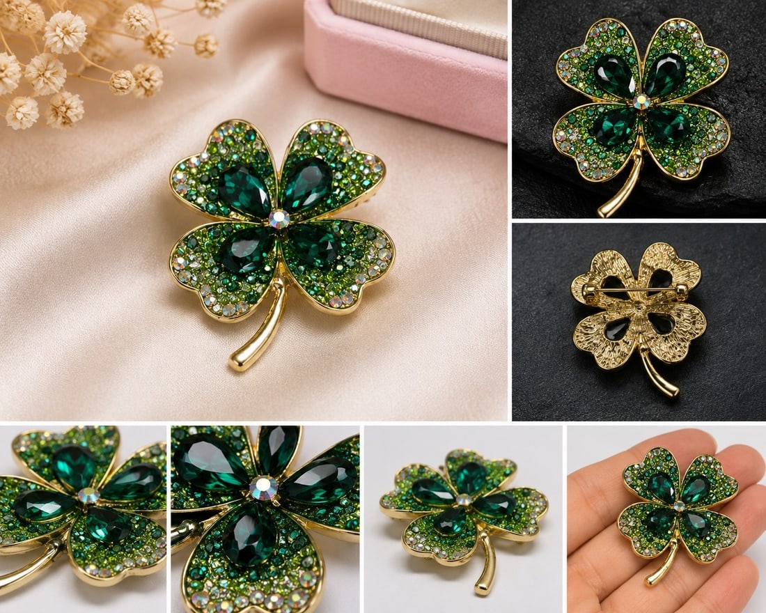 Green Four-Leaf Clover Brooch with Sparkling Crystals: Title: Green Four-Leaf Clover Brooch with Sparkling Crystals Description: Beautiful four-leaf clover brooch featuring four deep green faceted stones, surrounded by sparkling green and iridescent