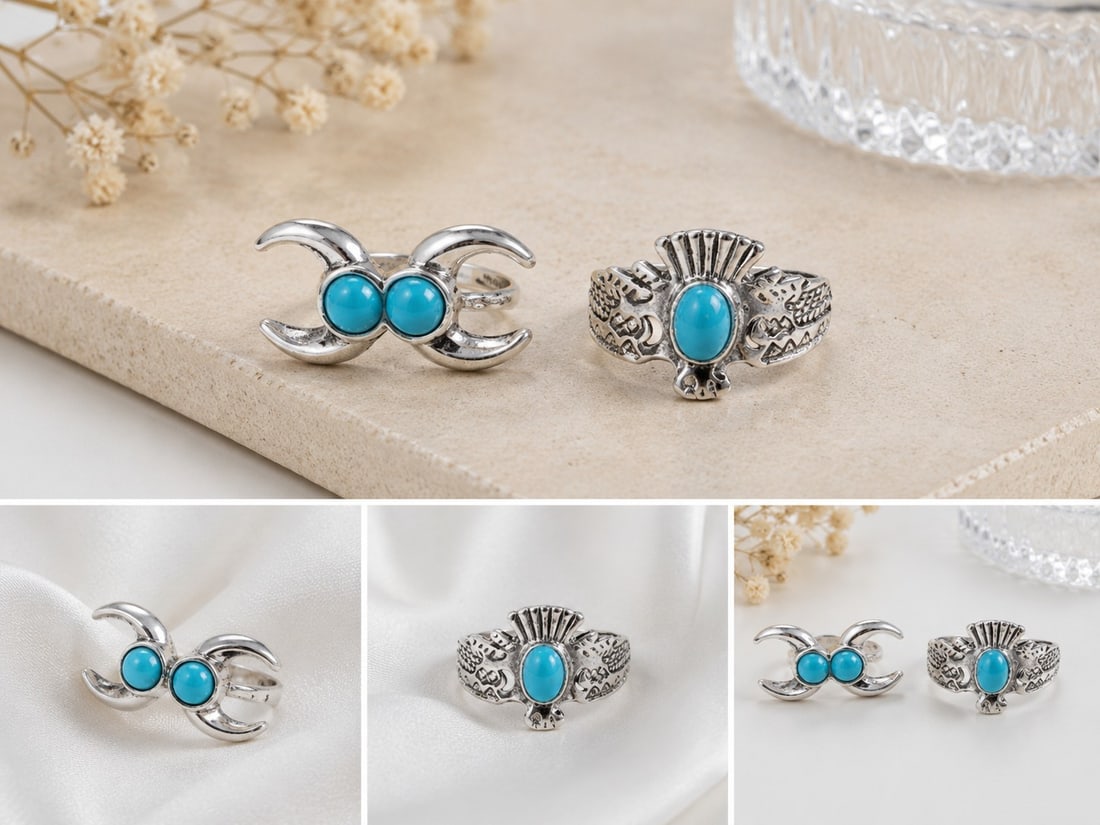 Set of Two Turquoise Silver Tone Statement Rings (1 of 1)