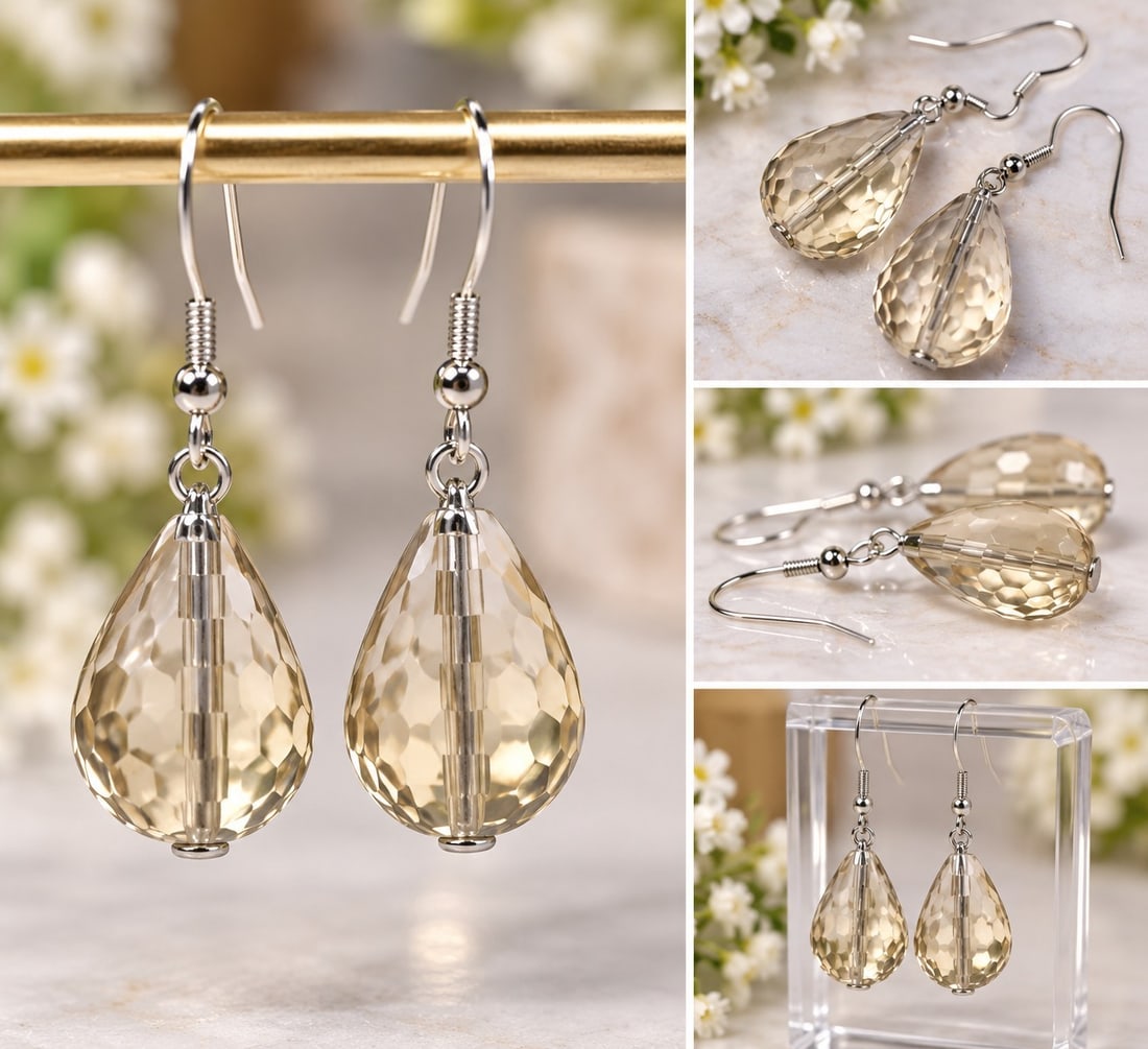 925 Sterling Silver Faceted Champagne Teardrop Earrings: Title: 925 Sterling Silver Faceted Champagne Teardrop Earrings Description: Elegant 925 sterling silver drop earrings featuring faceted teardrop-shaped stones in a soft champagne tone. The