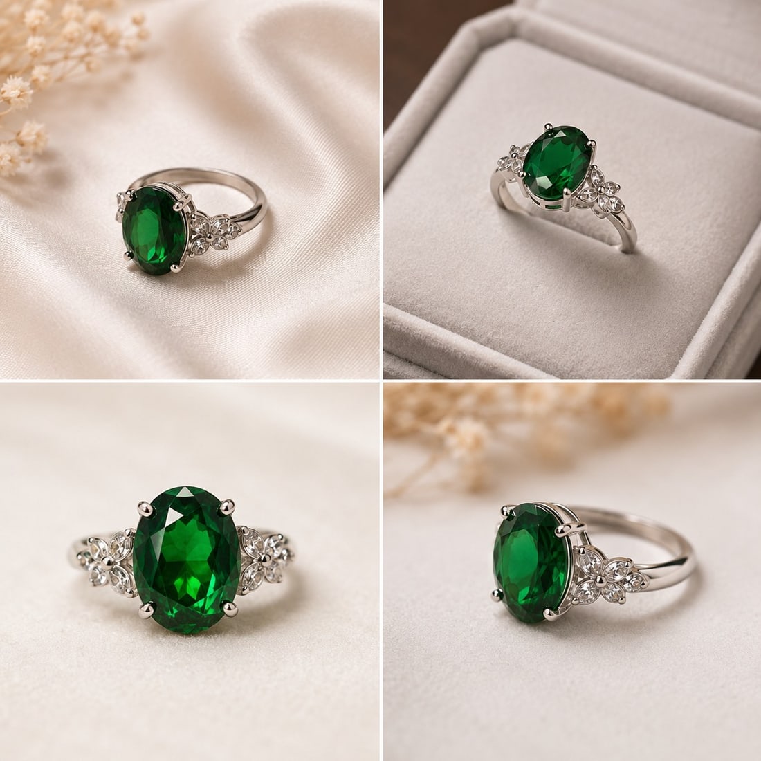 925 Sterling Silver Ring with Oval Green Stone: Title: 925 Sterling Silver Ring with Oval Green Stone Description: Elegant 925 sterling silver ring featuring a large faceted oval green stone, accented with sparkling clear stones in delicate
