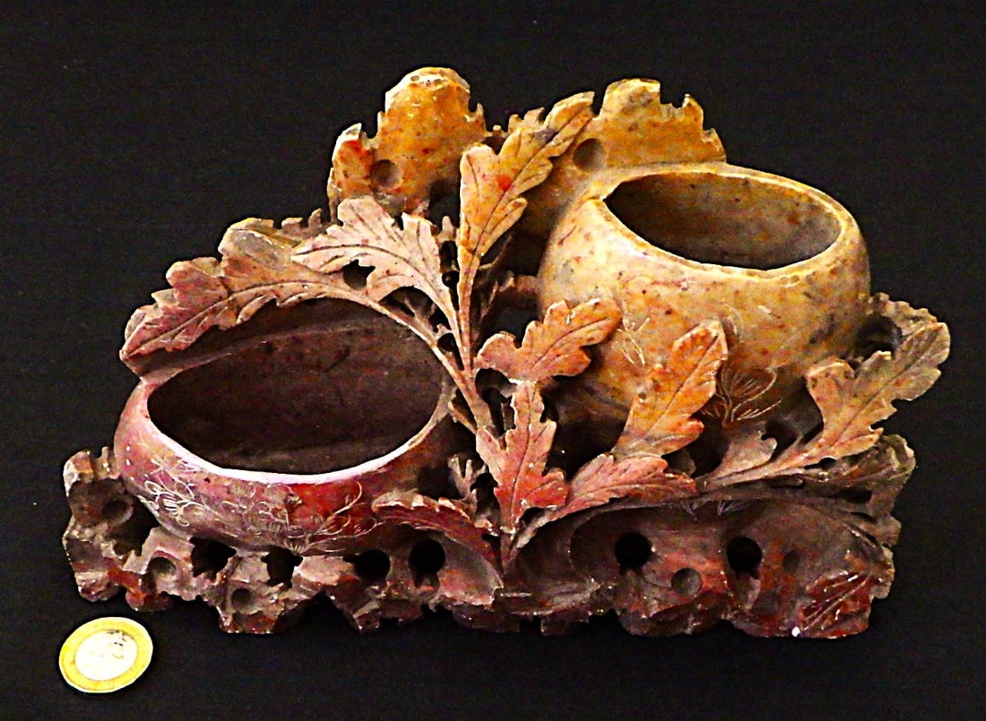 Vintage, Chinese, Double Brush Carved Stone Pot From Western Sichuan Province: Title: Vintage, Chinese, Double Brush Carved Stone Pot From Western Sichuan Province Description: A Vintage, Chinese, beautifully hand carved, double brush stone pot from Western Sichuan Province.&