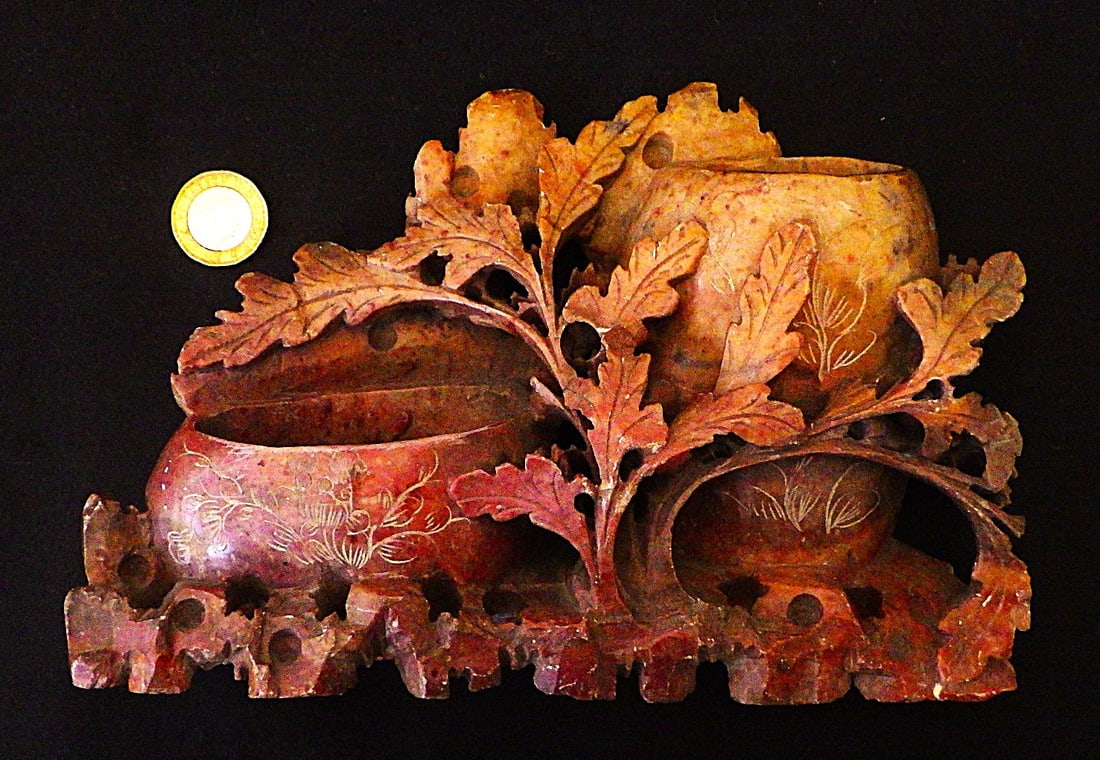 Vintage, Chinese, Double Brush Carved Stone Pot From Western Sichuan Province - 2