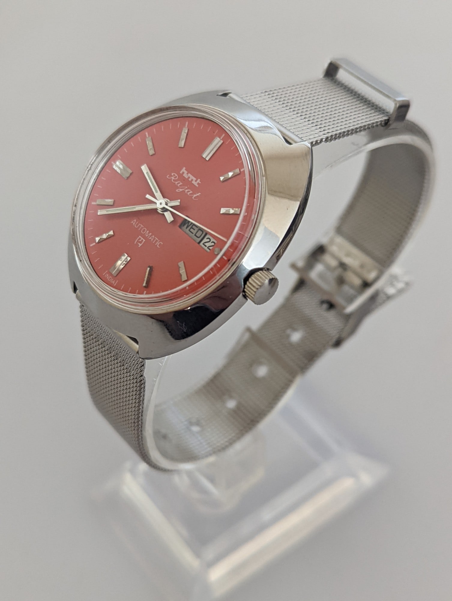 Vintage HMT Rajat Automatic Watch – Orange Dial – Day Date – Working - 3