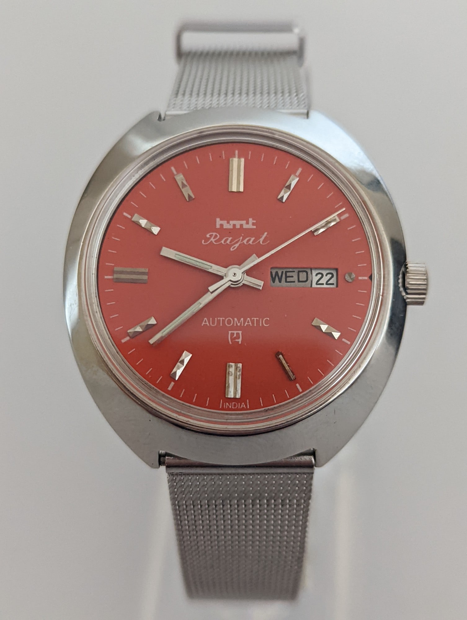 Vintage HMT Rajat Automatic Watch – Orange Dial – Day Date – Working - 4