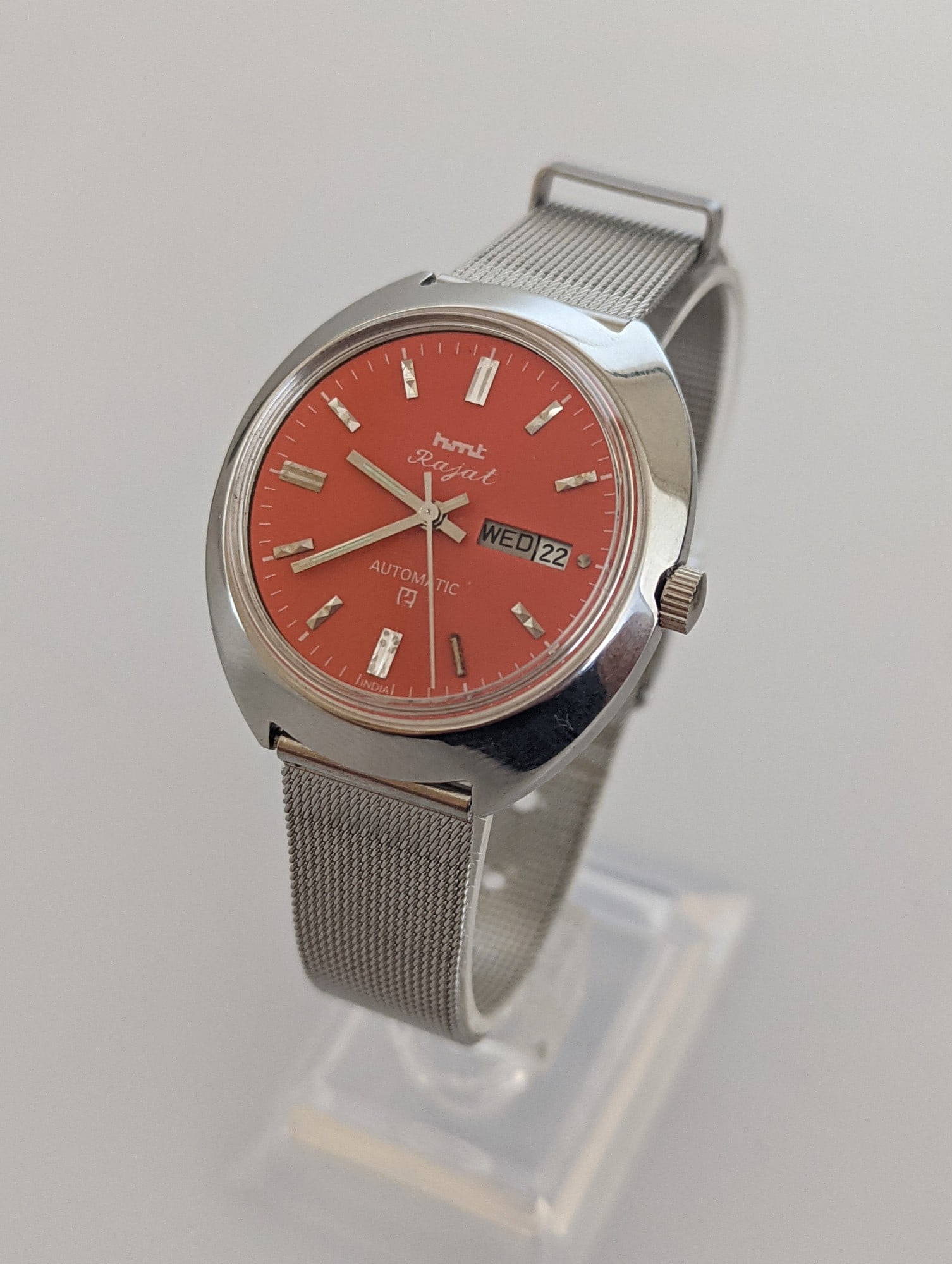 Vintage HMT Rajat Automatic Watch – Orange Dial – Day Date – Working - 5