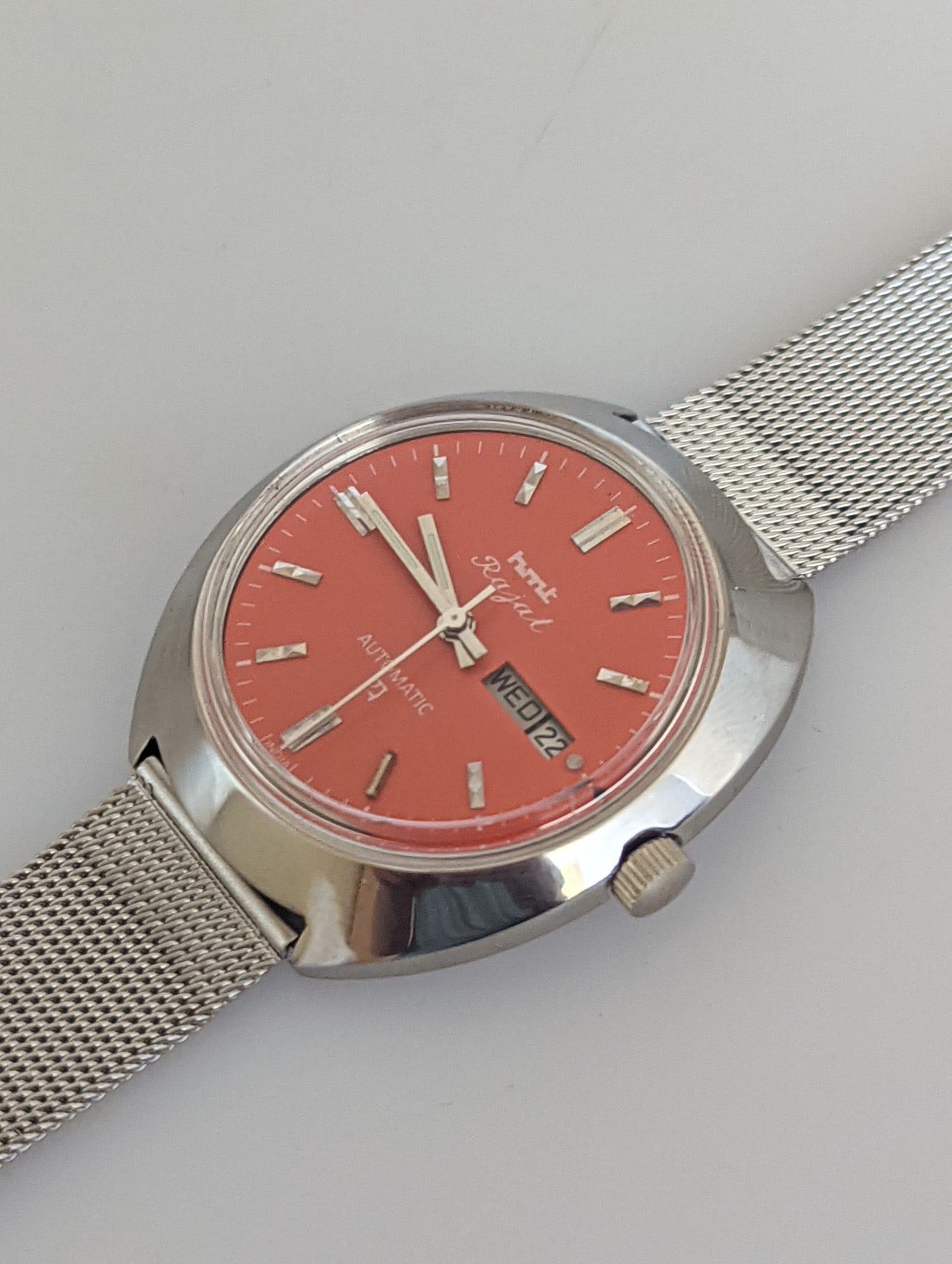 Vintage HMT Rajat Automatic Watch – Orange Dial – Day Date – Working - 8