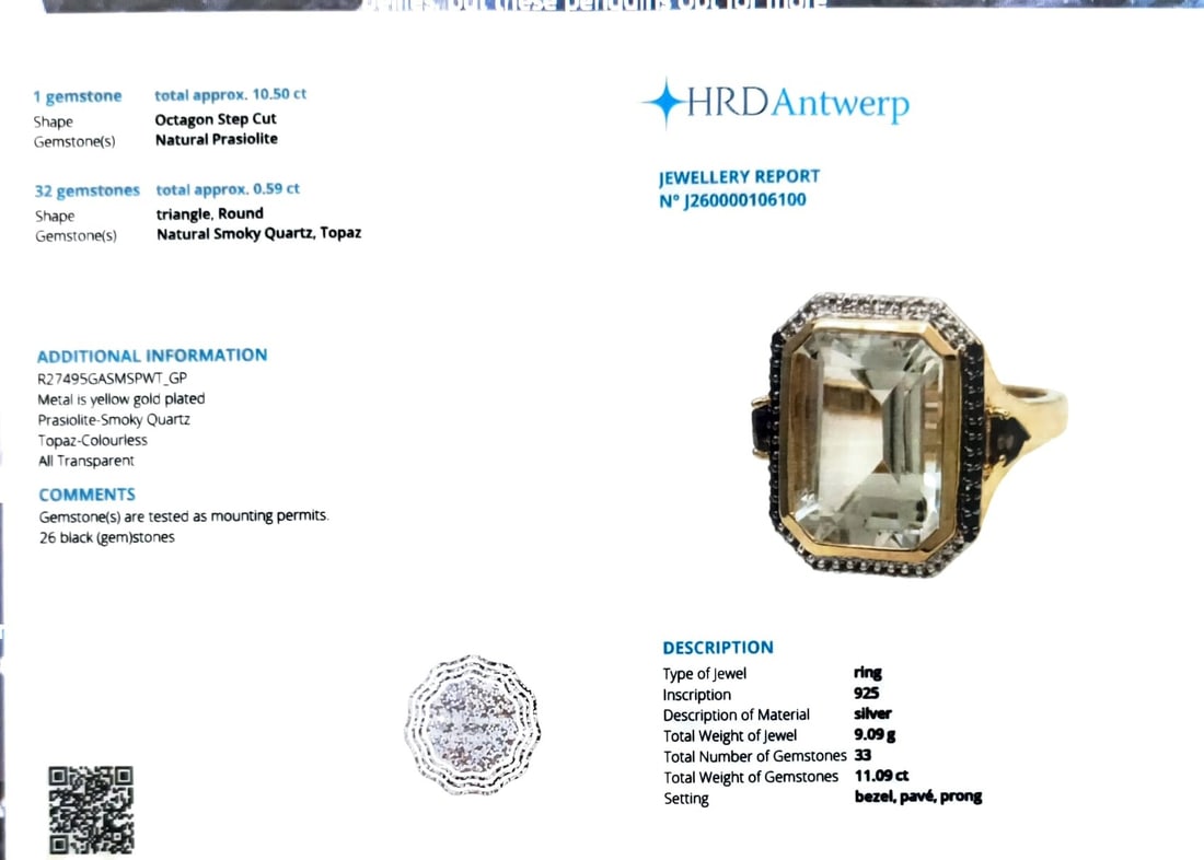 HRD Certified Green Amethyst, Smoky Quartz & Black Spinel Ring – 925 Sterling Silver - 3