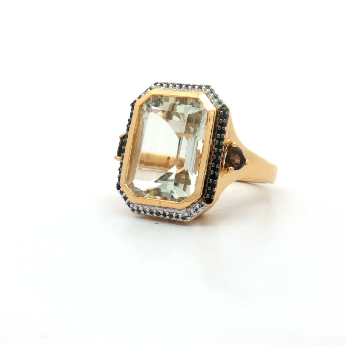 HRD Certified Green Amethyst, Smoky Quartz & Black Spinel Ring – 925 Sterling Silver - 6