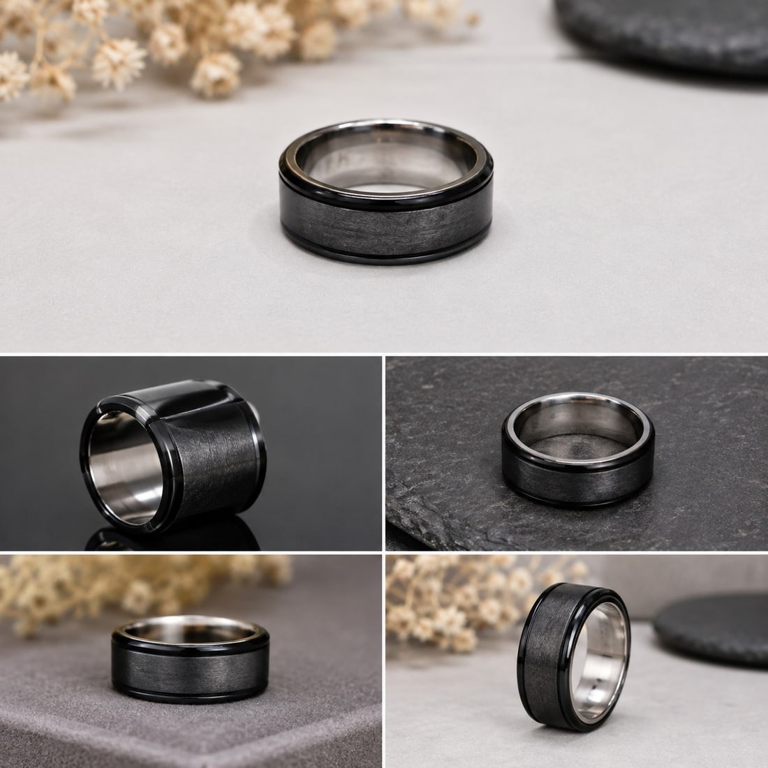 Black Spinner Ring – Rotating Band Design: Title: Black Spinner Ring – Rotating Band Design Description: Stylish modern ring featuring a black rotating outer section that spins freely around the band. Designed with a polished
