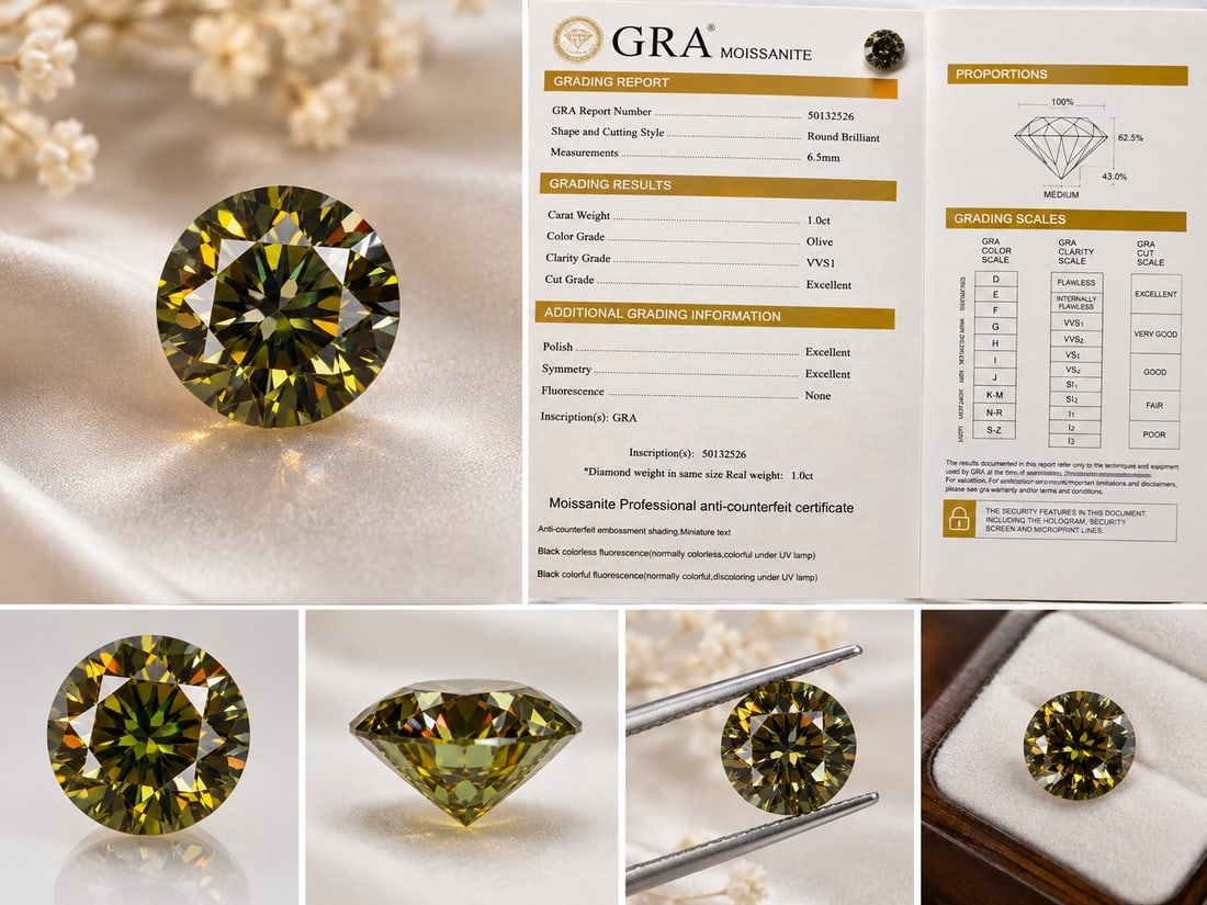 1.00ct Olive Moissanite – Round Brilliant – GRA Certificate: Title: 1.00ct Olive Moissanite – Round Brilliant – GRA Certificate Description: Description: Beautiful 1.00ct Olive Moissanite, round brilliant cut, measuring 6.5mm. VVS1 clarity with