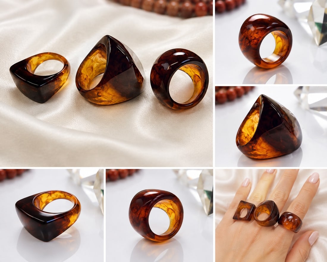 Set of 3 Amber-Style Statement Rings – Brown & Honey Tones (1 of 1)