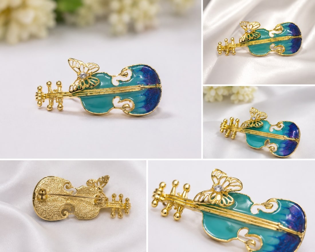 Enamel Violin & Butterfly Brooch – Gold Tone: Title: Enamel Violin & Butterfly Brooch – Gold Tone Description: Charming violin-shaped brooch featuring colourful blue and turquoise enamel detailing with an elegant butterfly accent.