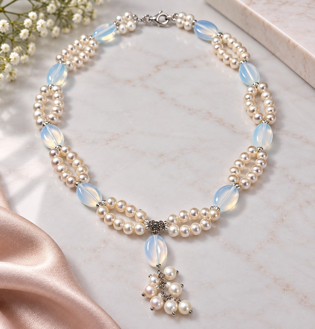 Pearl & Opalescent Bead Statement Necklace: Title: Pearl & Opalescent Bead Statement Necklace Description: Elegant double-strand necklace featuring lustrous white pearl beads combined with luminous opalescent oval beads. The necklace is