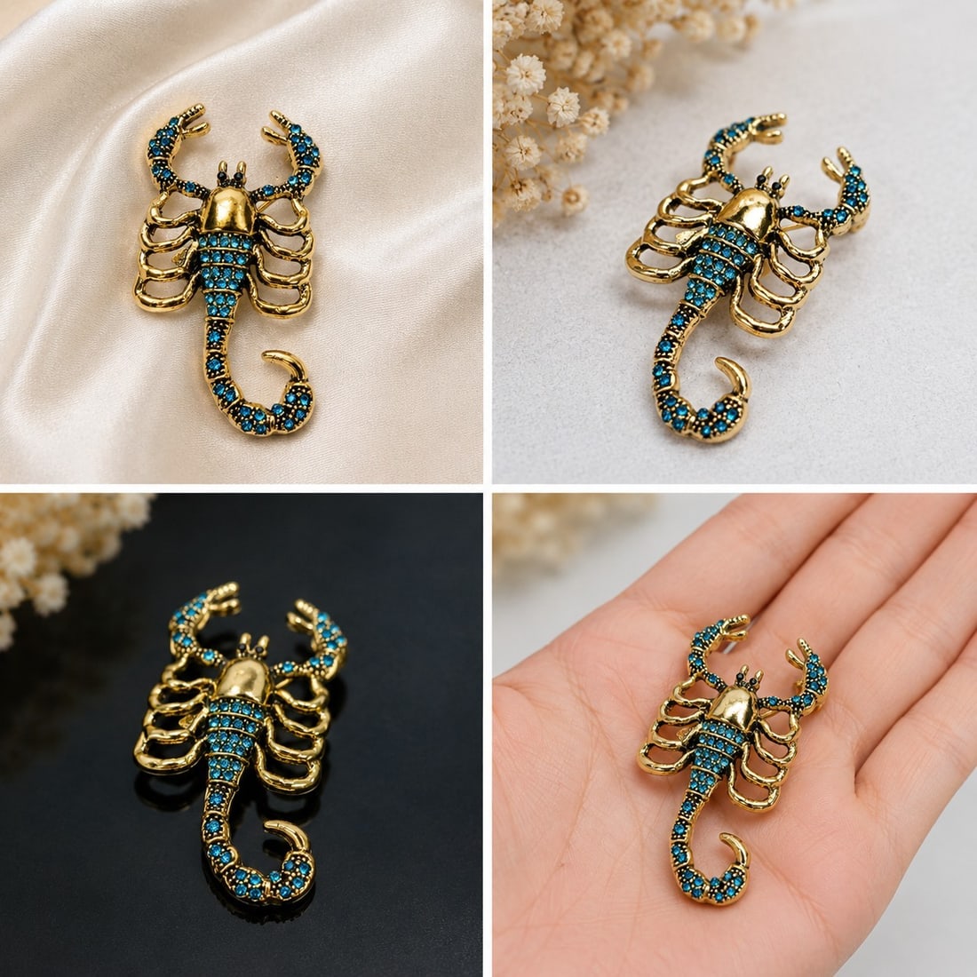 Gold-Tone Scorpion Brooch with Blue Crystal Accents: Title: Gold-Tone Scorpion Brooch with Blue Crystal Accents Description: Striking scorpion-shaped brooch in a gold-tone finish, decorated with sparkling blue crystals across the claws, body and curved