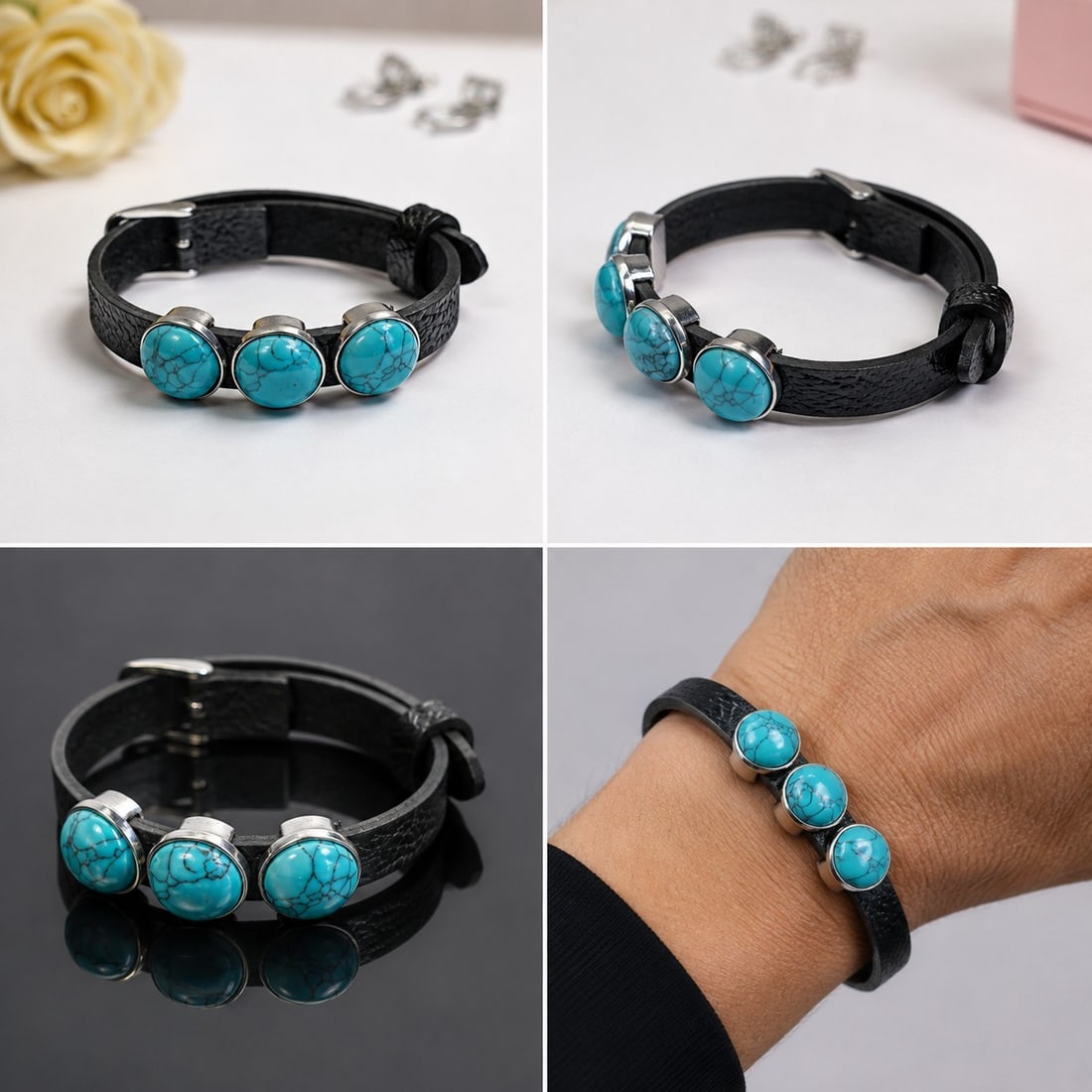 Black Leather Bracelet with Three Turquoise-Style Stones: Title: Black Leather Bracelet with Three Turquoise-Style Stones Description: Stylish black leather strap bracelet featuring three round turquoise-style cabochons with attractive dark veining, set in
