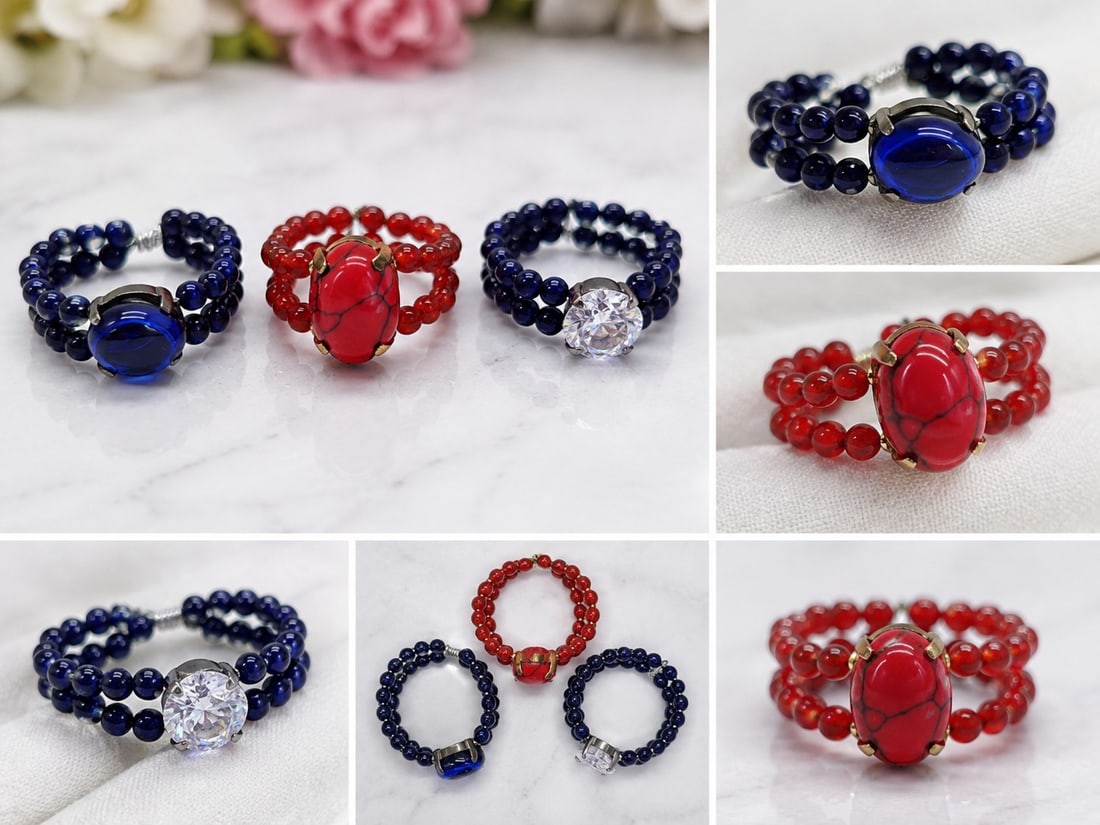 Set of Three Double Strand Beaded Statement Rings: Title: Set of Three Double Strand Beaded Statement Rings Description: Set of three colourful double strand beaded rings in blue and red tones, each featuring a decorative centre stone. Attractive and