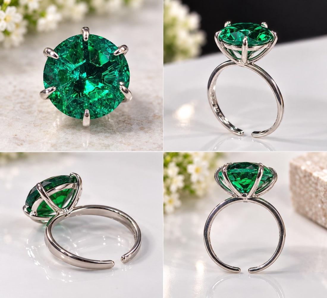 Emerald Doublet Statement Ring – 14.8mm Round Stone: Title: Emerald Doublet Statement Ring – 14.8mm Round Stone Description: Elegant statement ring featuring a large round emerald doublet measuring approximately 14.8mm in diameter. The vivid gr