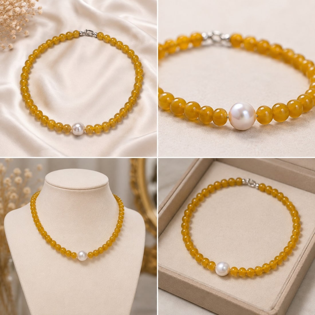 Yellow Beaded Necklace with White Pearl Centrepiece: Title: Yellow Beaded Necklace with White Pearl Centrepiece Description: Elegant necklace featuring glossy yellow round beads accented by a single large white pearl-style centrepiece. Finished with a