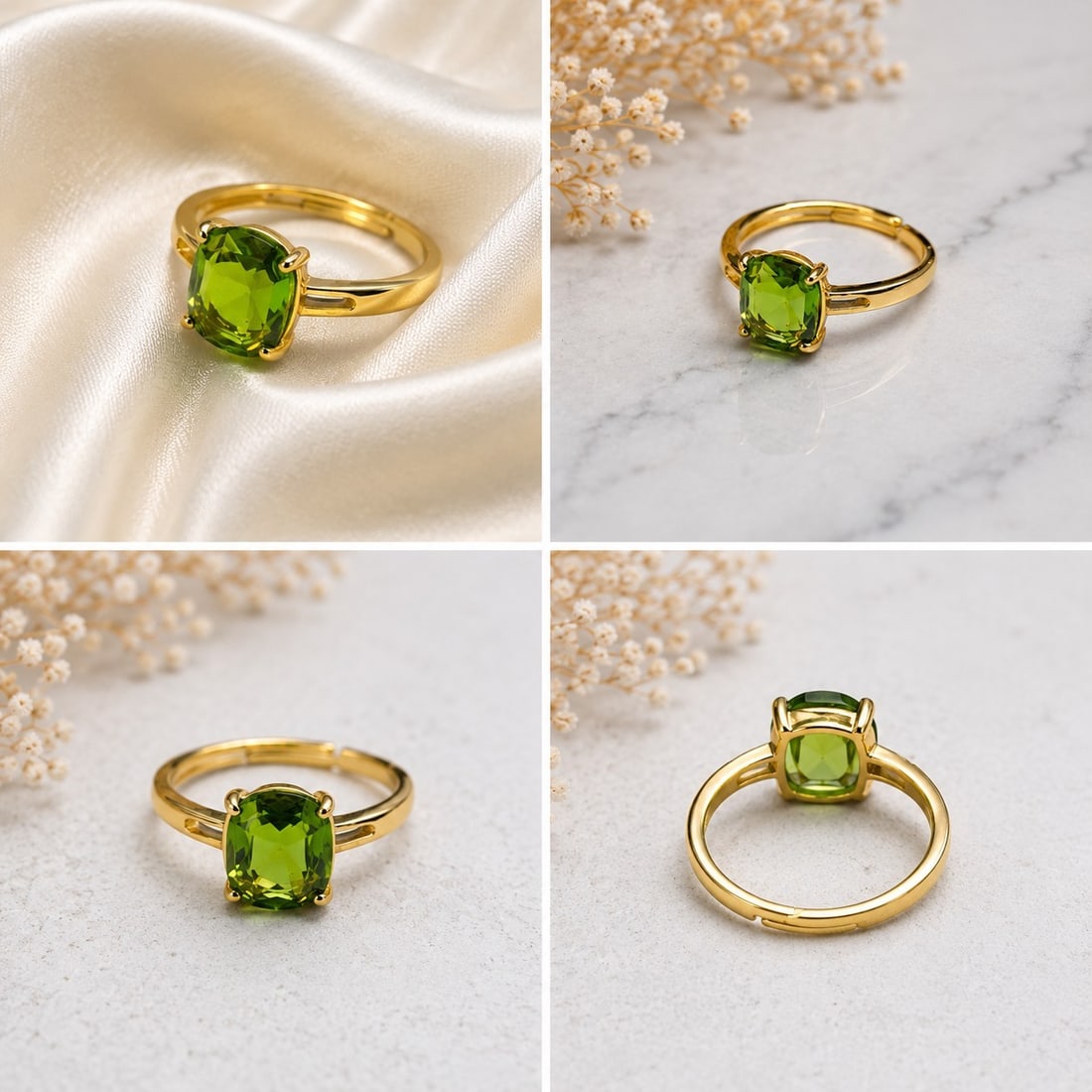 Green Cushion-Cut Stone Gold-Tone Ring: Title: Green Cushion-Cut Stone Gold-Tone Ring Description: Elegant gold-tone ring featuring a vivid green cushion-cut faceted stone in a classic four-prong setting. The simple polished band
