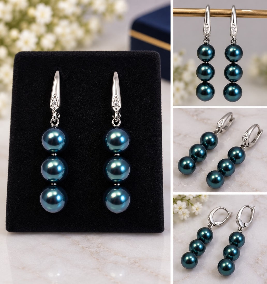 Three Pearl Drop Earrings with Sparkling Detail: Title: Three Pearl Drop Earrings with Sparkling Detail Description: Stylish drop earrings featuring three dark blue-green pearl beads on each earring. Finished with elegant silver-tone lever-back