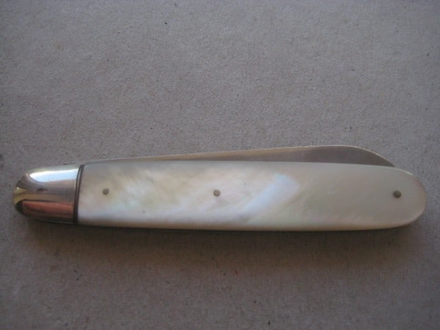 Rare Edwardian Mother of Pearl Hafted Saw Silver Bladed Folding Fruit Knife - 12