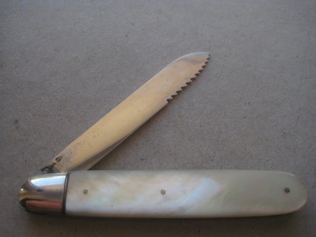 Rare Edwardian Mother of Pearl Hafted Saw Silver Bladed Folding Fruit Knife - 2