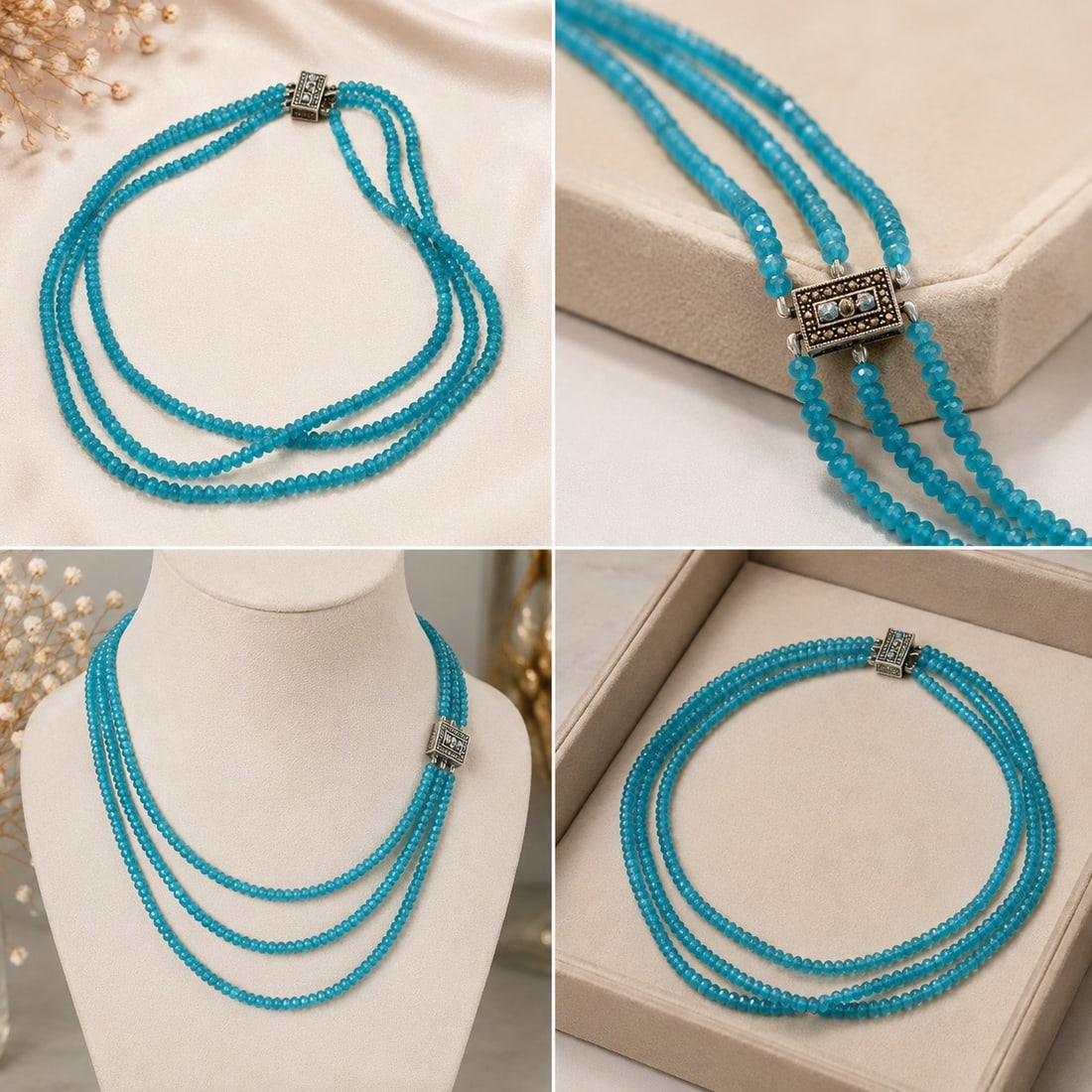 Three-Strand Blue Faceted Bead Necklace: Title: Three-Strand Blue Faceted Bead Necklace Description: Beautiful three-strand necklace featuring small faceted blue beads arranged in an elegant layered design. Finished with a decorative