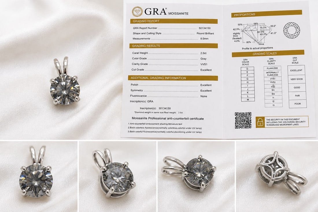 2.00ct Grey Moissanite Pendant – Round Brilliant – GRA Certificate: Title: 2.00ct Grey Moissanite Pendant – Round Brilliant – GRA Certificate Description: Elegant pendant featuring a 2.00ct Grey Moissanite, round brilliant cut, measuring 8.0mm. VVS1 cla