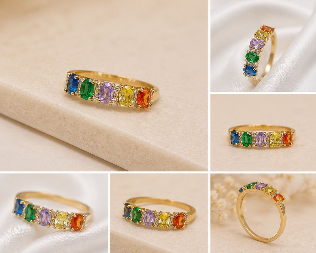 Multicolour Gemstone Ring – Gold Tone – Size 18: Title: Multicolour Gemstone Ring – Gold Tone – Size 18 Description: Elegant gold-tone ring set with a row of faceted oval multicolour gemstones in vibrant blue, green, purple, yellow and