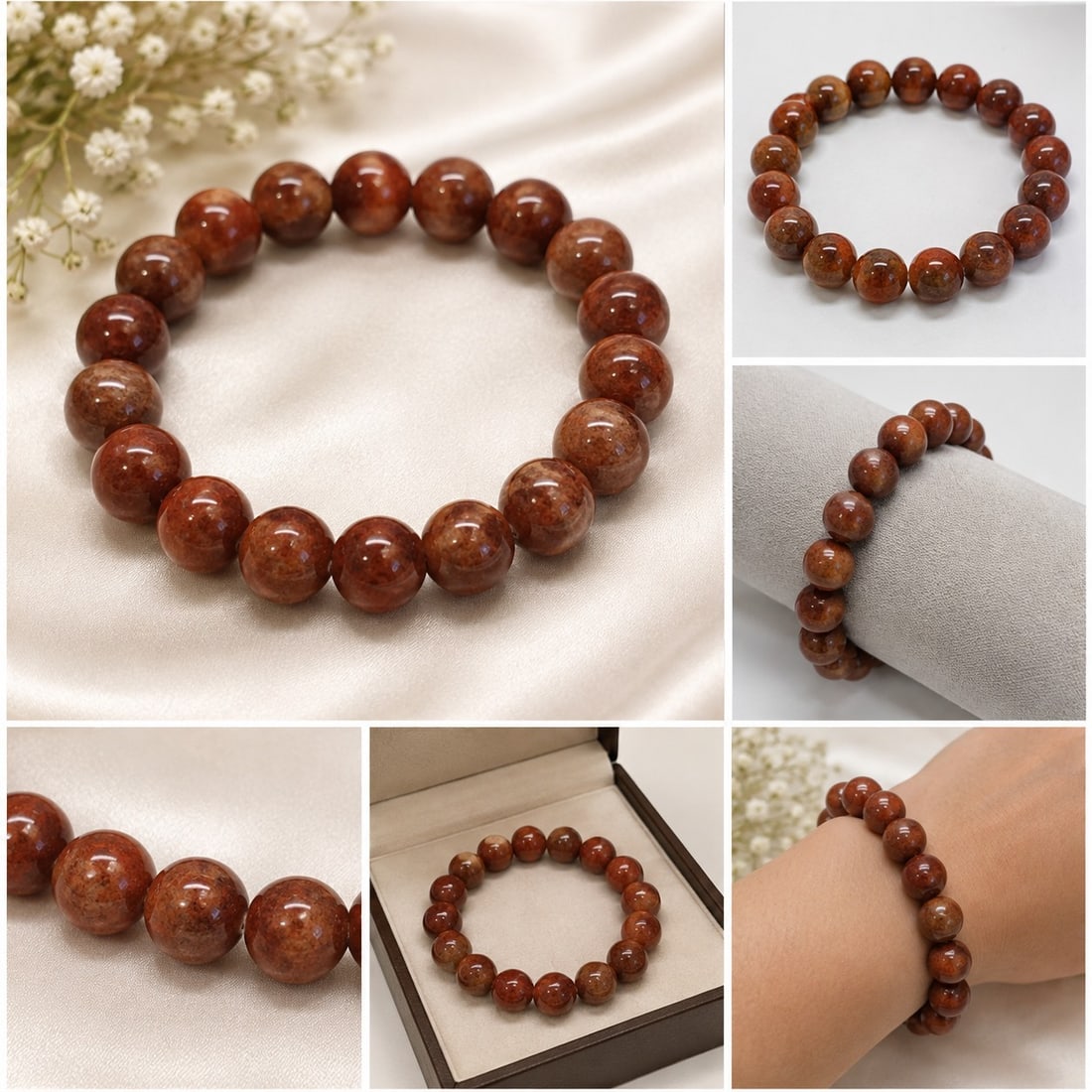 Brown Stone Beaded Bracelet - 13mm: Title: Brown Stone Beaded Bracelet - 13mm Description: Attractive stretch bracelet featuring large 13mm polished brown stone beads with natural-looking variations in warm reddish-brown tones. A bold