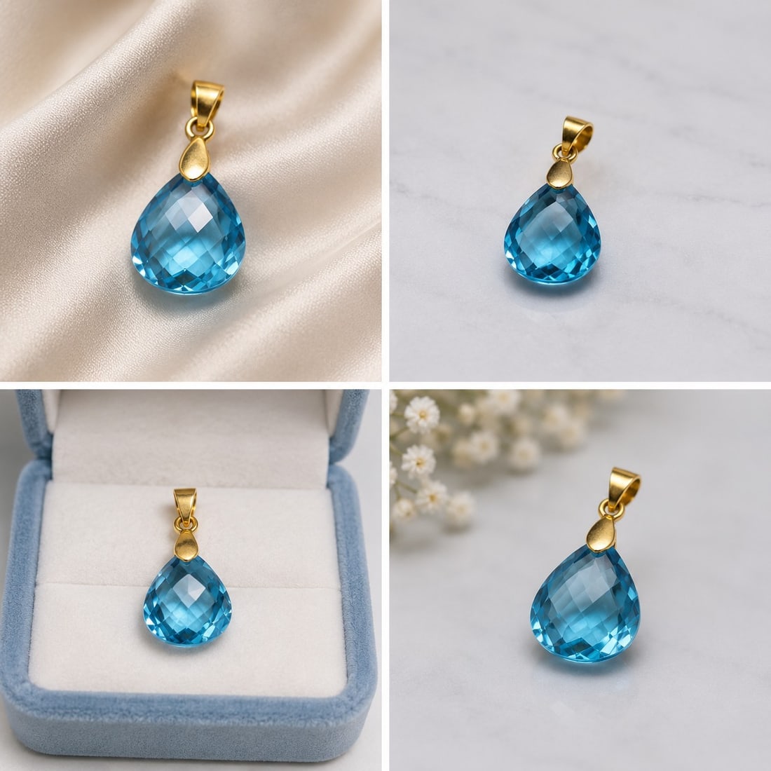 Natural Blue Topaz Pear-Shaped Pendant: Title: Natural Blue Topaz Pear-Shaped Pendant Description: Elegant pendant featuring a natural Blue Topaz in a faceted pear-shaped cut, displaying a bright and vibrant blue colour. Finished with a