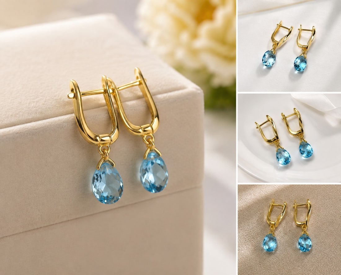 Natural Blue Topaz Drop Earrings – Gold Tone: Title: Natural Blue Topaz Drop Earrings – Gold Tone Description: Elegant drop earrings set with faceted natural blue topaz gemstones in a beautiful pear shape. The bright blue stones have