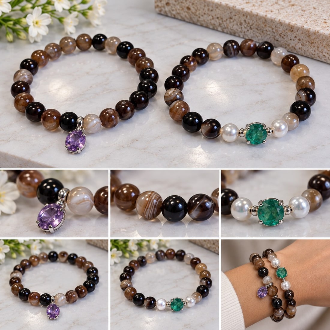 Two Beaded Bracelets with Amethyst & Treated Emerald: Title: Two Beaded Bracelets with Amethyst & Treated Emerald Description: Two elegant beaded bracelets featuring polished brown and black beads with pearl accents. One bracelet is set with an