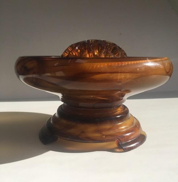 Title: Davidson, Art Deco Cloud Glass Trio In Amber, Posey Bowl, Pedestal & Frog, Circa 1930 No2 - 13