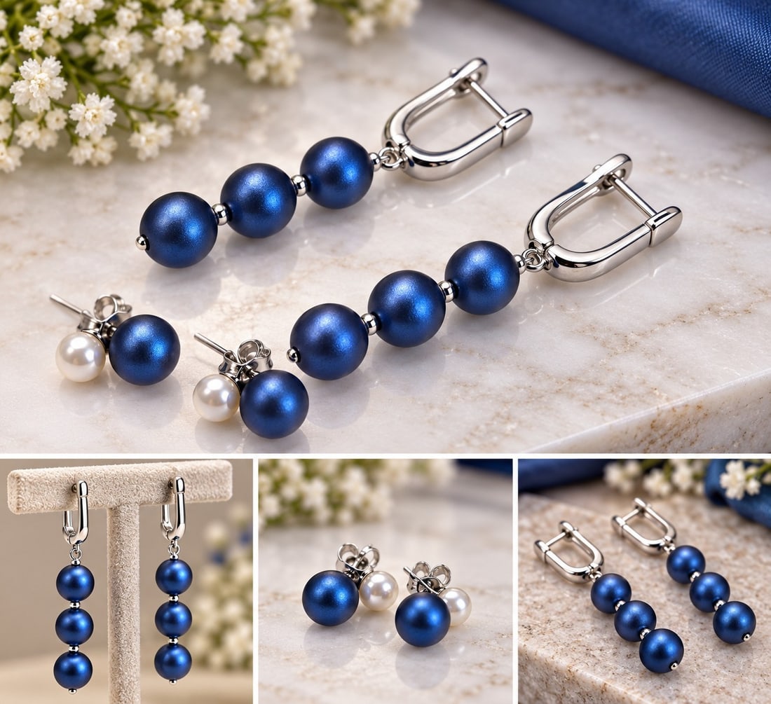 Set of 2 Pairs Blue Pearl Style Earrings – Drop & Stud Design: Title: Set of 2 Pairs Blue Pearl Style Earrings – Drop & Stud Design Description: Elegant set of two pairs of earrings featuring beautiful deep blue pearl-style beads. Includes one pair of