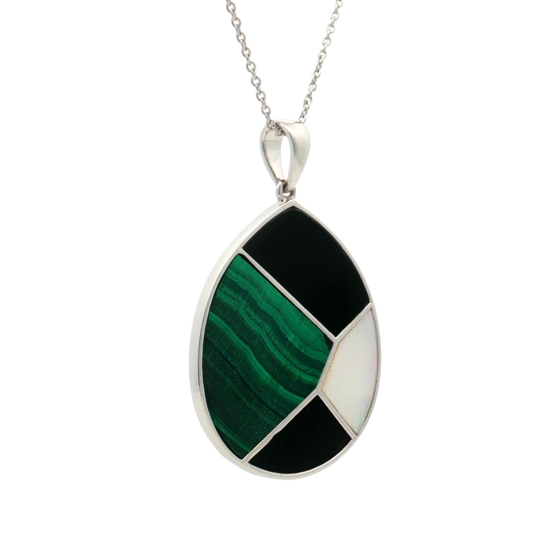 HRD Certified Malachite, Mother of Pearl & Black Onyx Pendant – 925 Sterling Silver - 2